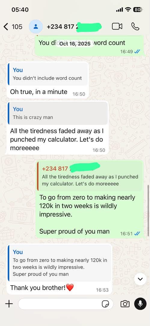 Student testimonial screenshot: ₦120k earned in two weeks as a beginner